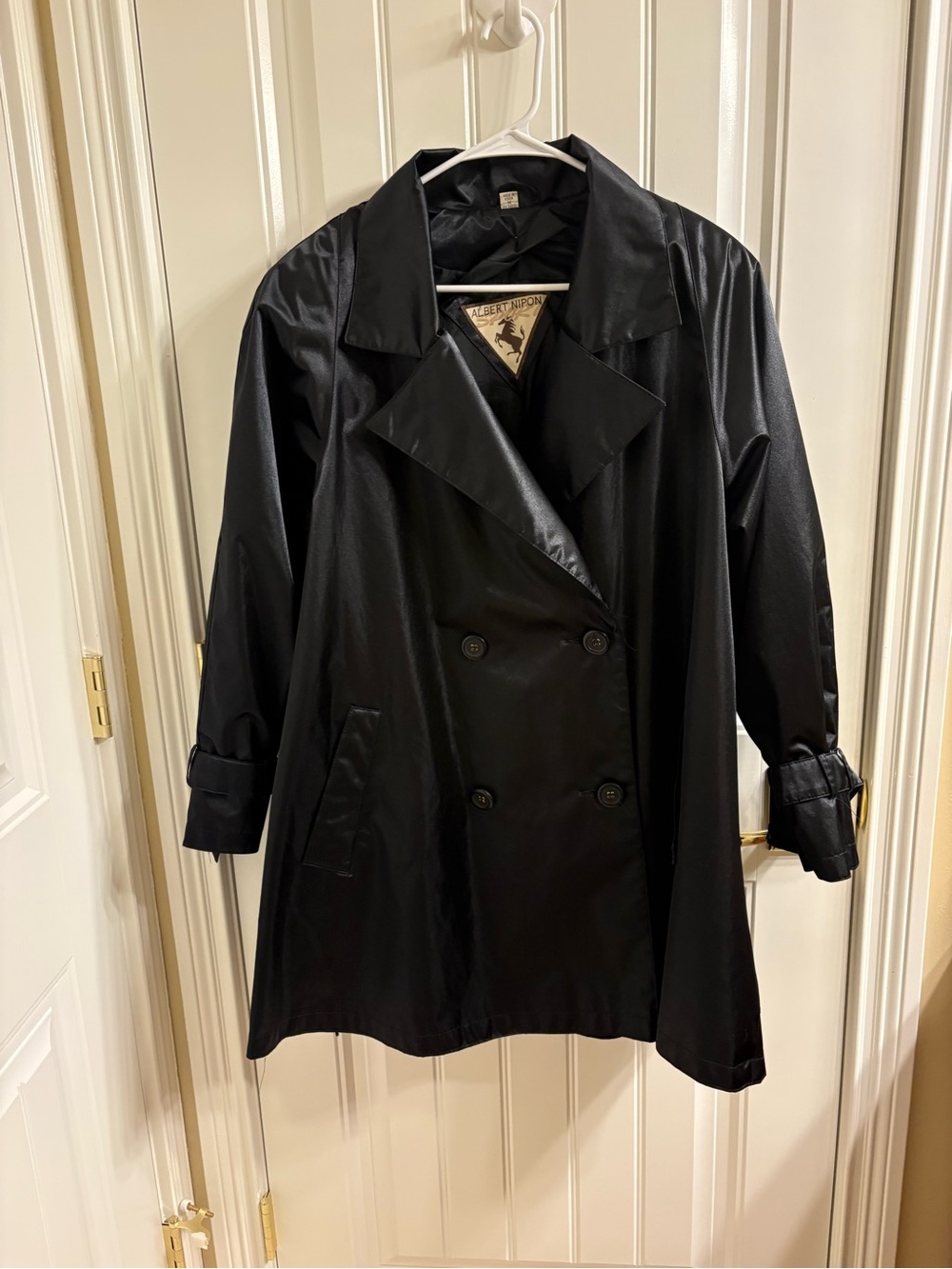 Albert Nipon Vintage 80’s Short Black Satin Flare Trench Coat Size M